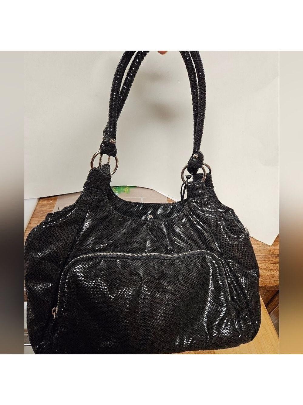 Vintage D Fusion Black Sequin Fabric Satchel Bag with Front Zippered Pouch